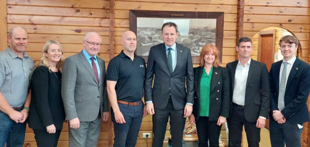 L-R: Dylan Marsh, STREAMLINE Lead, Silver Fern Farms; Mary Kinnane, APAC Director Enterprise Ireland; Brendan Gleeson, the Secretary General in the Irish Department of Agriculture, Food and the Marine; Matt Ballard, Chief Transformation Officer, Silver Fern Farms; Charlie McConalogue T.D, Minister for Agriculture, Food and the Marine of Ireland; H.E. Jane Connolly, Ambassador of Ireland to New Zealand; Jeffrey Macer-Wright, General Manager, Emydex Australasia; Niall Casey, Enterprise Ireland