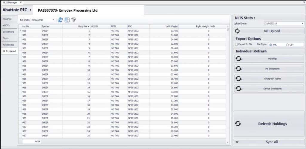 Emydex NLIS Interface Management Screen